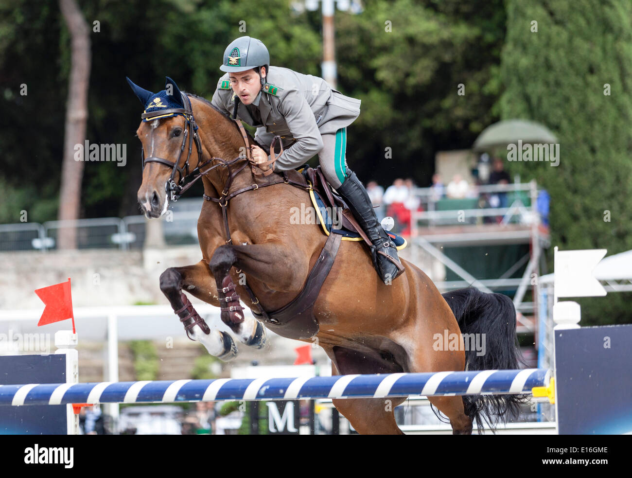 Rome, Italy. 24th May, 2014. Furusiyya FEI Nations Cup Show jumping competition at Piazza di Siena. Emanuele Gaudiano on Cocoshynsky for Italy, Piazza di Siena, Rome, Italy. 5/23/14 Credit:  Stephen Bisgrove/Alamy Live News Stock Photo