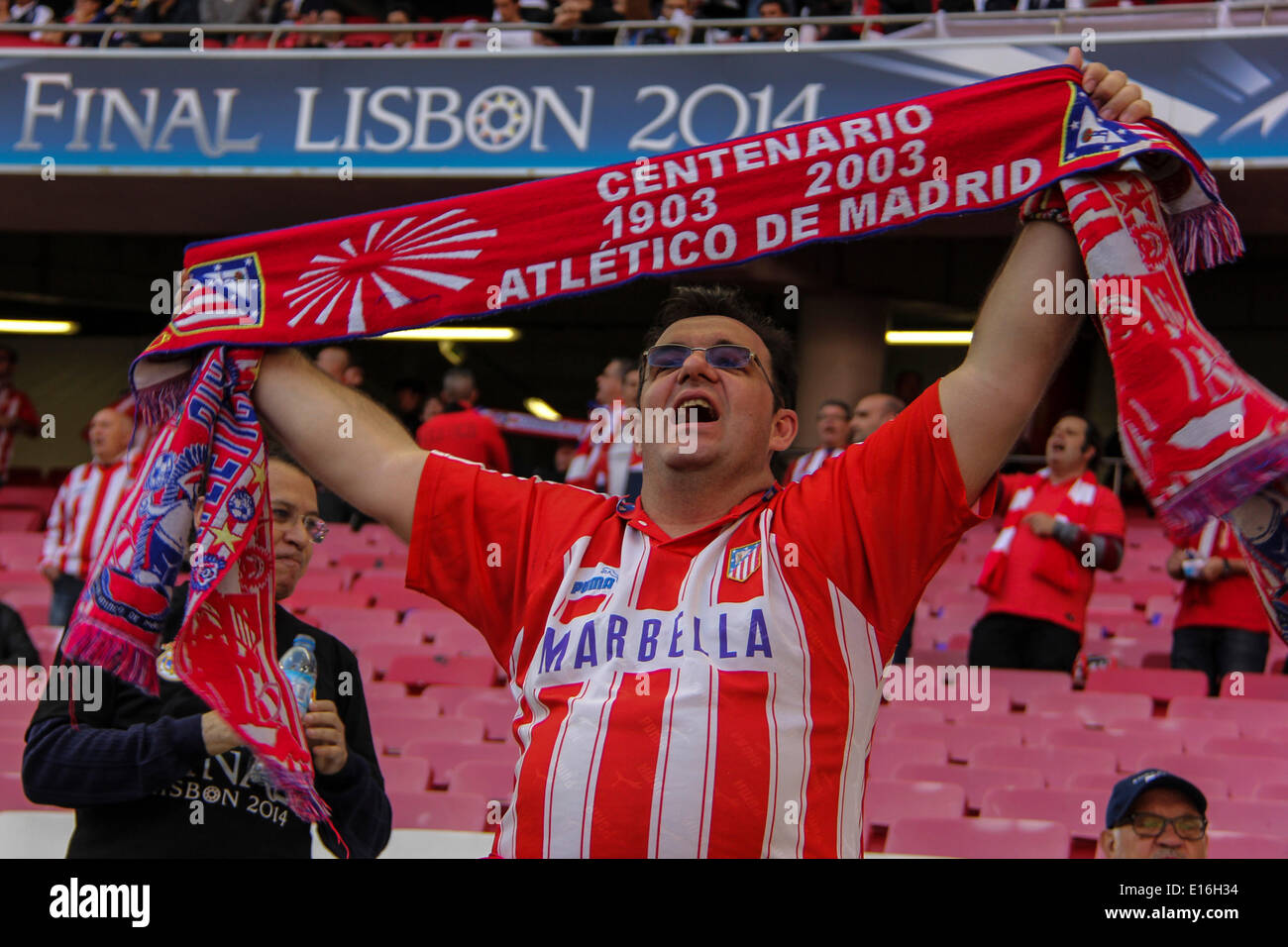 Atletico de Madrid supporters before the start of the UEFA Champions League Final match: Real Madrid x AtlŽtico de Madrid at Luz Stadium in Lisbon, Portugal, Saturday, May 24, 2014. Stock Photo