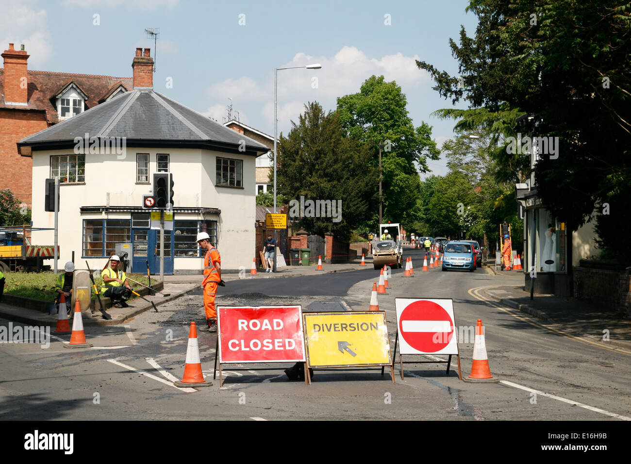 Road Works Road Closed Diversion No Entry signs Worcester Worcestershire England UK Stock Photo