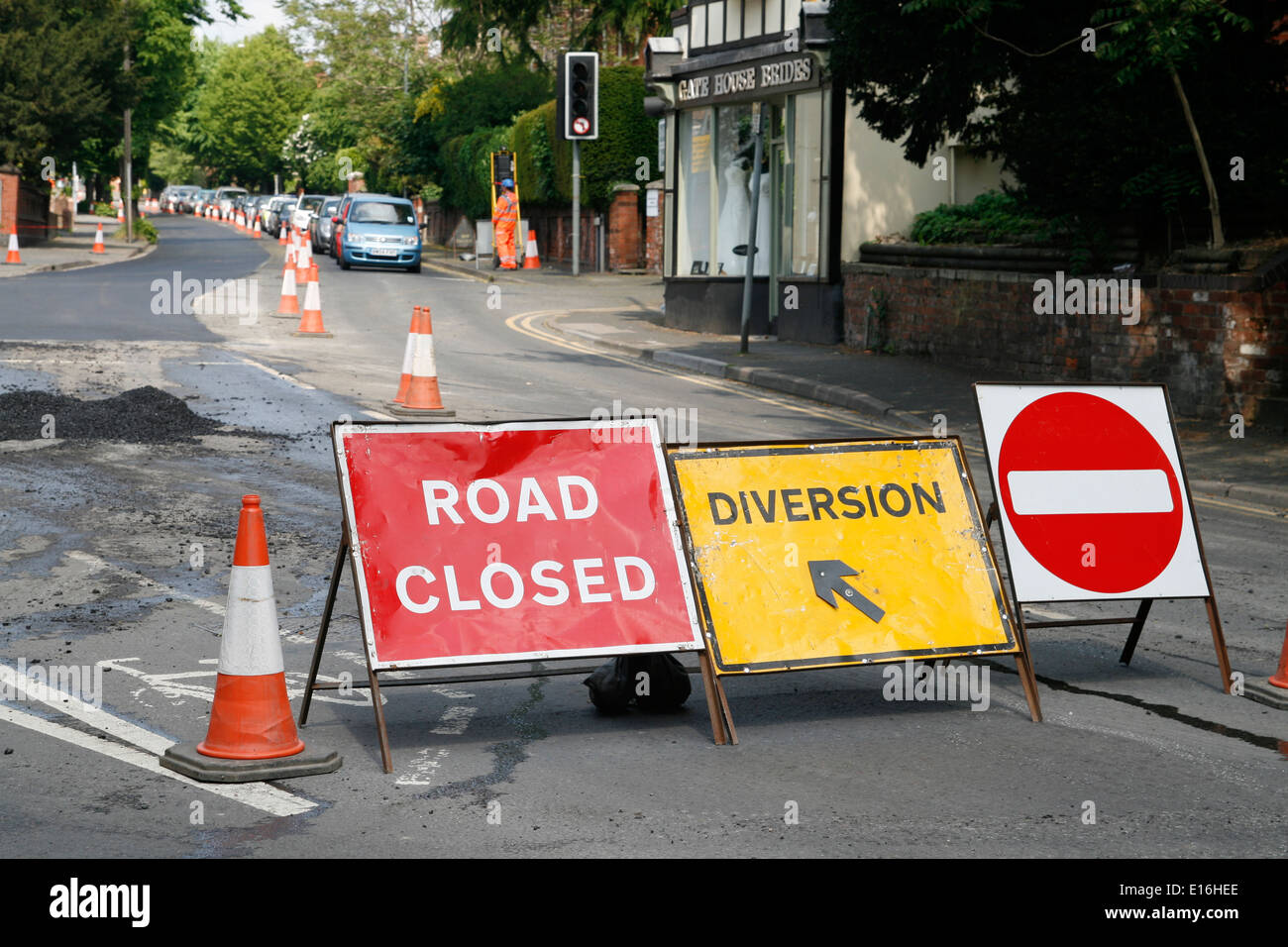 Road Works Road Closed Diversion No Entry signs Worcester Worcestershire England UK Stock Photo