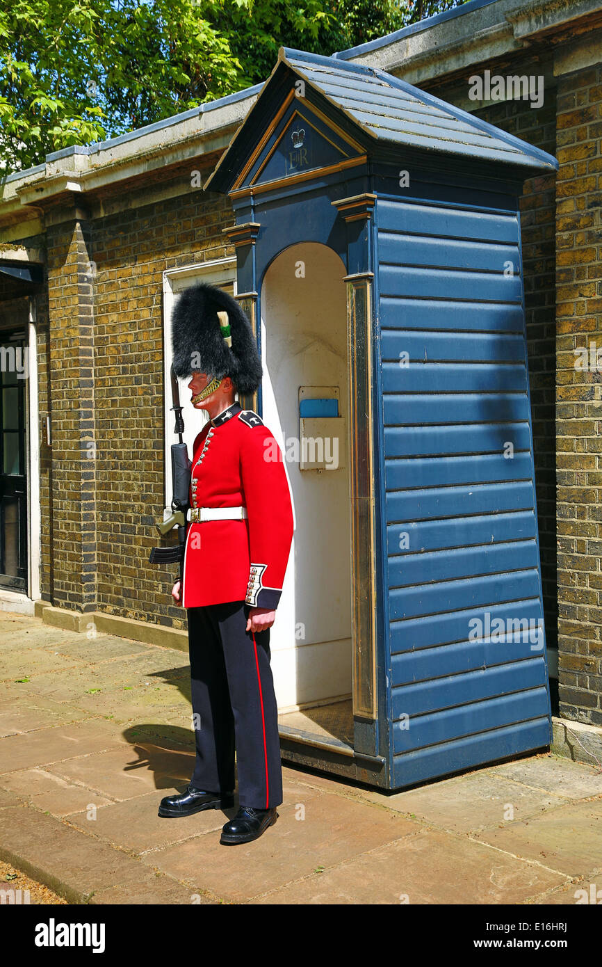 Queen's Guard wearing busby guarding St James Palace, London, England Stock Photo