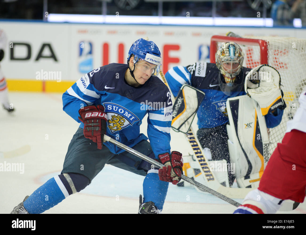 MARTTINEN Jyri (28) of Finland skates up the ice during 2014 IIHF World Ice Hockey Championship semifinal match at Minsk Arena Stock Photo