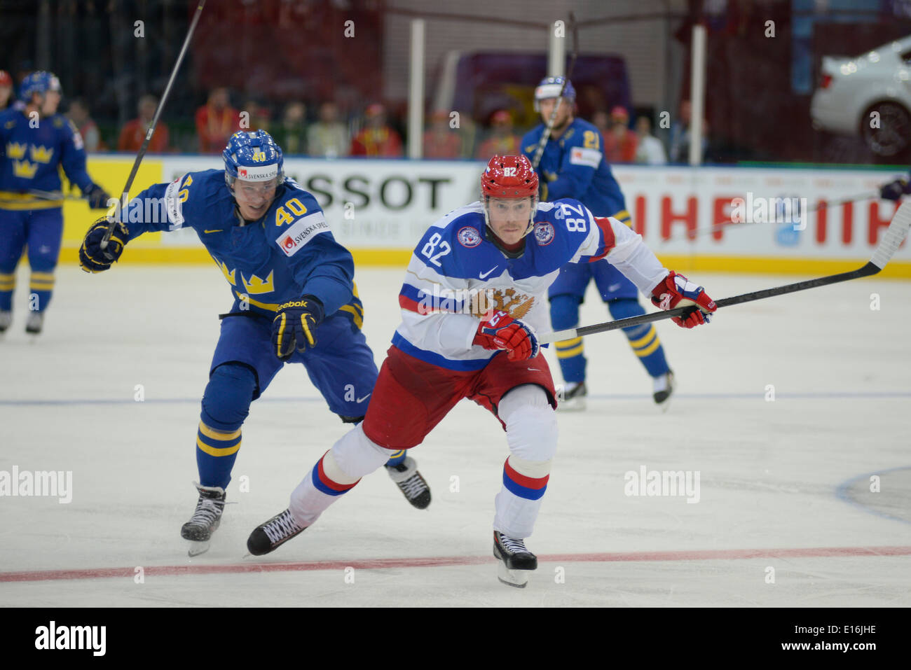 MEDVEDEV Yevgeni of Russia and RASMUSSEN Dennis of Sweden during 2014 IIHF World Ice Hockey Championship semifinal match Stock Photo