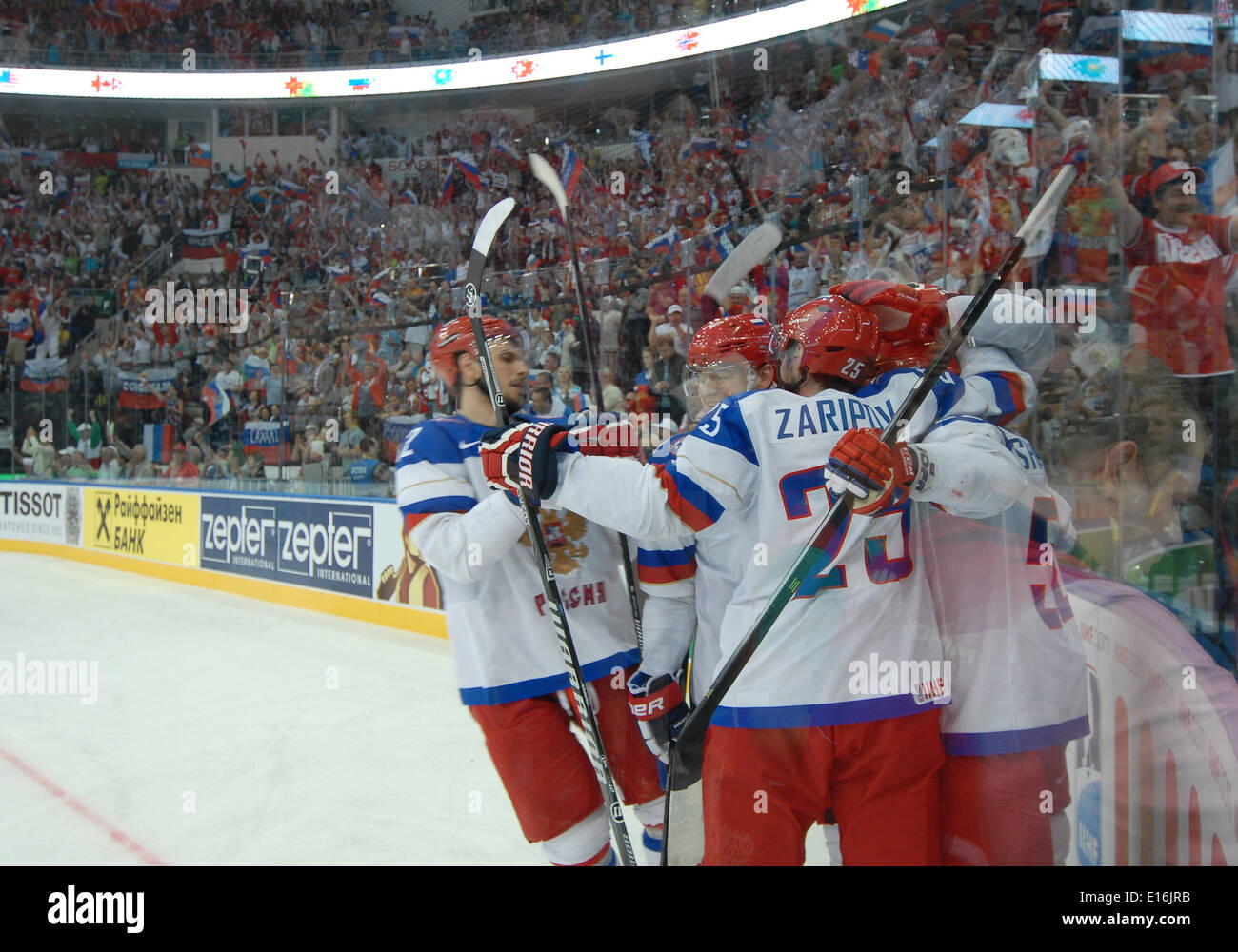 ZARIPOV Danis (25) of Russia and team celebrates during 2014 IIHF World Ice Hockey Championship semifinal match at Minsk Arena Stock Photo