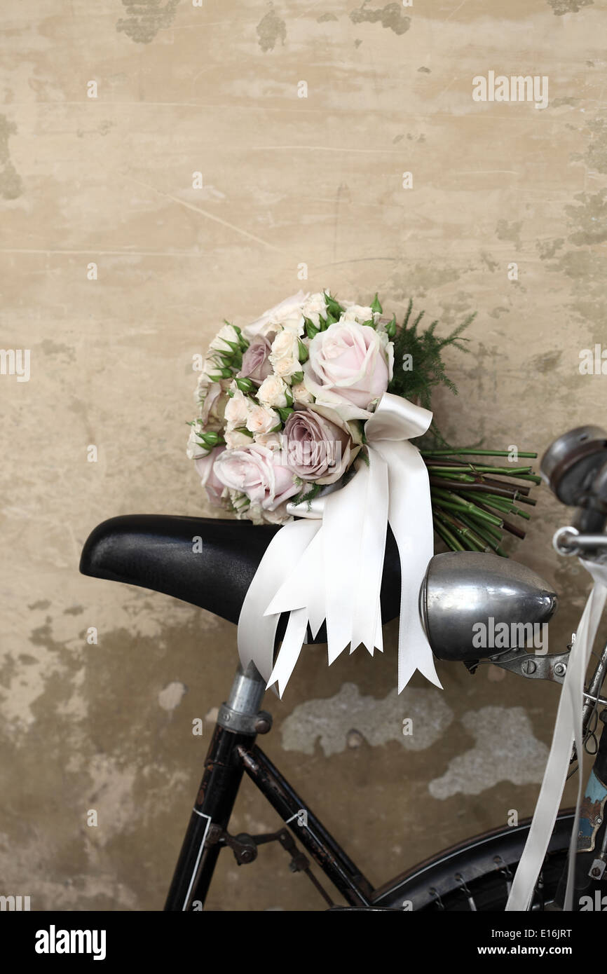 Wedding bouquet on bike Stock Photo