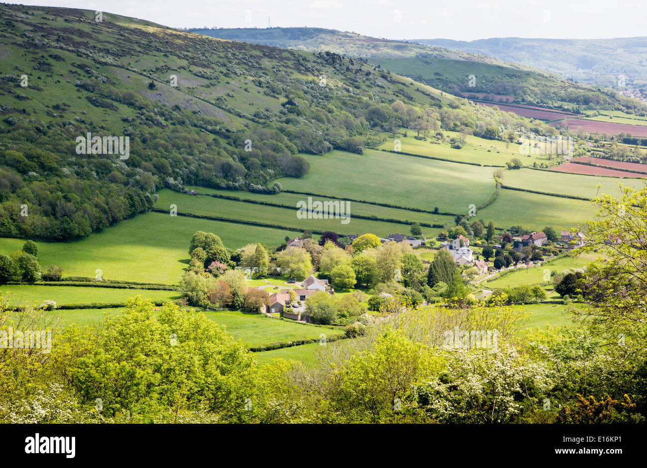 Village of Compton Bishop nestled in a sheltered valley of the Mendip Hills Somerset looking from Crook Peak towards Cheddar Stock Photo
