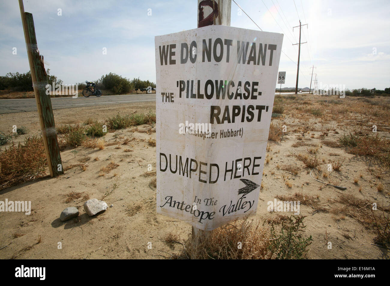 Ontario, CA, USA. 24th May, 2014. A sign that reads 'We do not want the 'Pillowcase Rapist (Christopher Hubbart) dumped here in the Antelope Valley' is pictured near Palmdale, California. Known as the 'Pillowcase Rapist' Christopher Evans Hubbart, 63, admitted to raping about 40 women between 1971 and 1982, 26 of which were in the Los Angeles area. Judge Gilbert Brown in Northern California said Hubbart is to be released on or before July 7th, 2014. Hubbart will reside at a home in the 2000 block of East Avenue R in Lake Los Angeles. © Krista Kennell/ZUMAPRESS.com/Alamy Live News Stock Photo