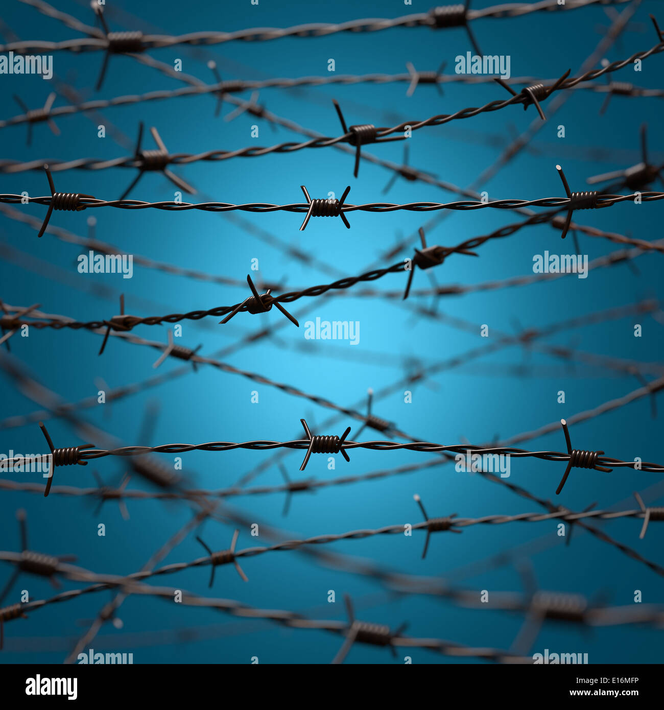 Tangle of barbed wire on a background blue degrade. Stock Photo