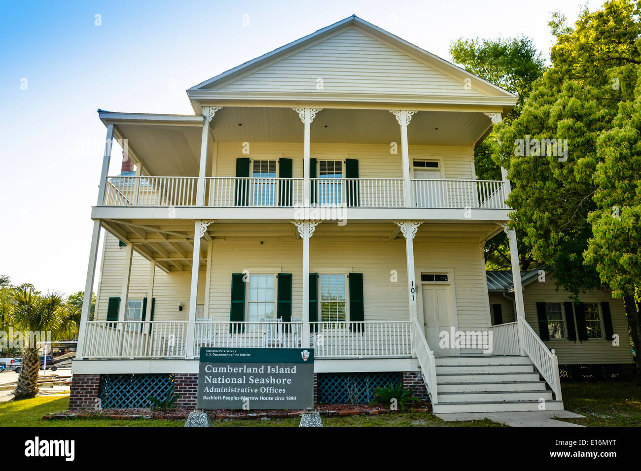 An historic clapboard building now houses the Cumberland Island National Seashore Administrative Offices, St. Mary's, GA USA Stock Photo