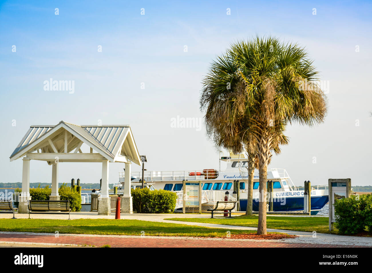 Harbor view of park and dock for ferries to Cumberland Island National Seashore, St. Mary's, GA, USA Stock Photo