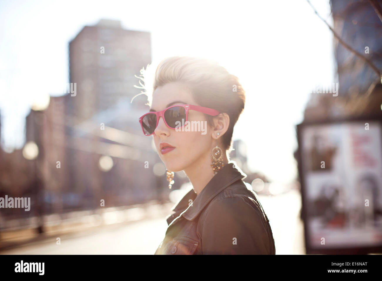 Head and shoulders of young woman looking away, Boston, Massachusetts, USA Stock Photo