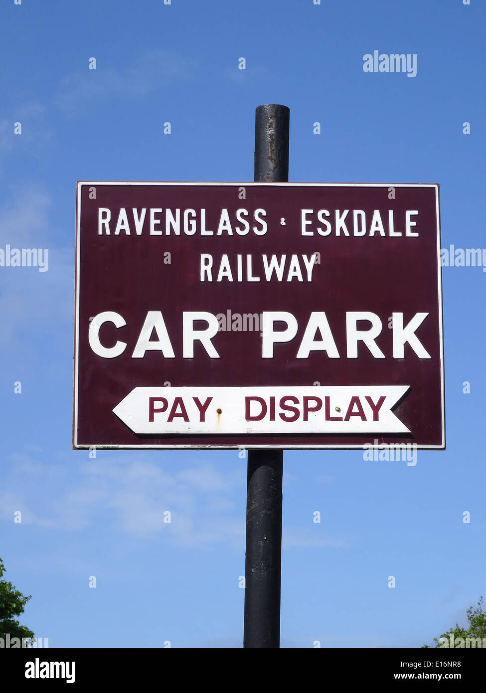 Pay & Display Car Park Sign for Ravenglass & Eskdale Railway, Ravenglass, Cumbria, England, UK