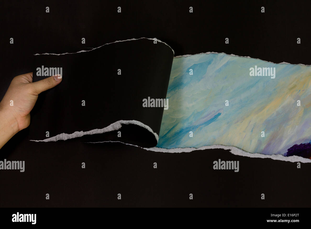 Ripped paper on painting sky background Stock Photo - Alamy