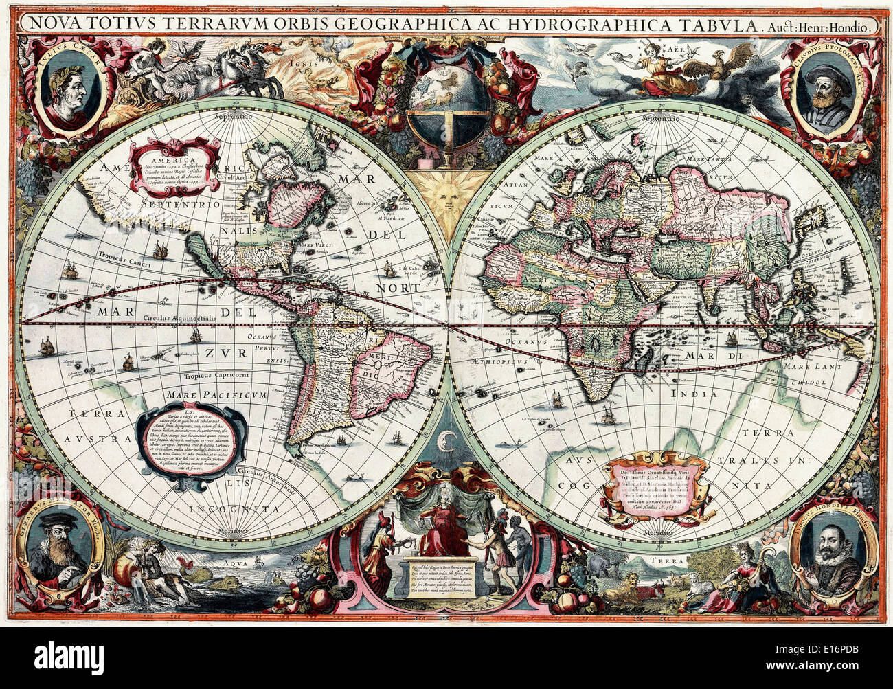 Nova Totius Terrarum Orbis Tabula world map - by Hendrik Hondius, 1630 Stock Photo