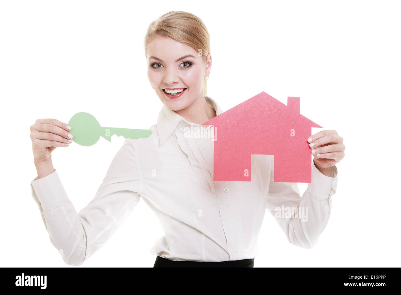 Businesswoman real estate agent paper house keys Stock Photo - Alamy