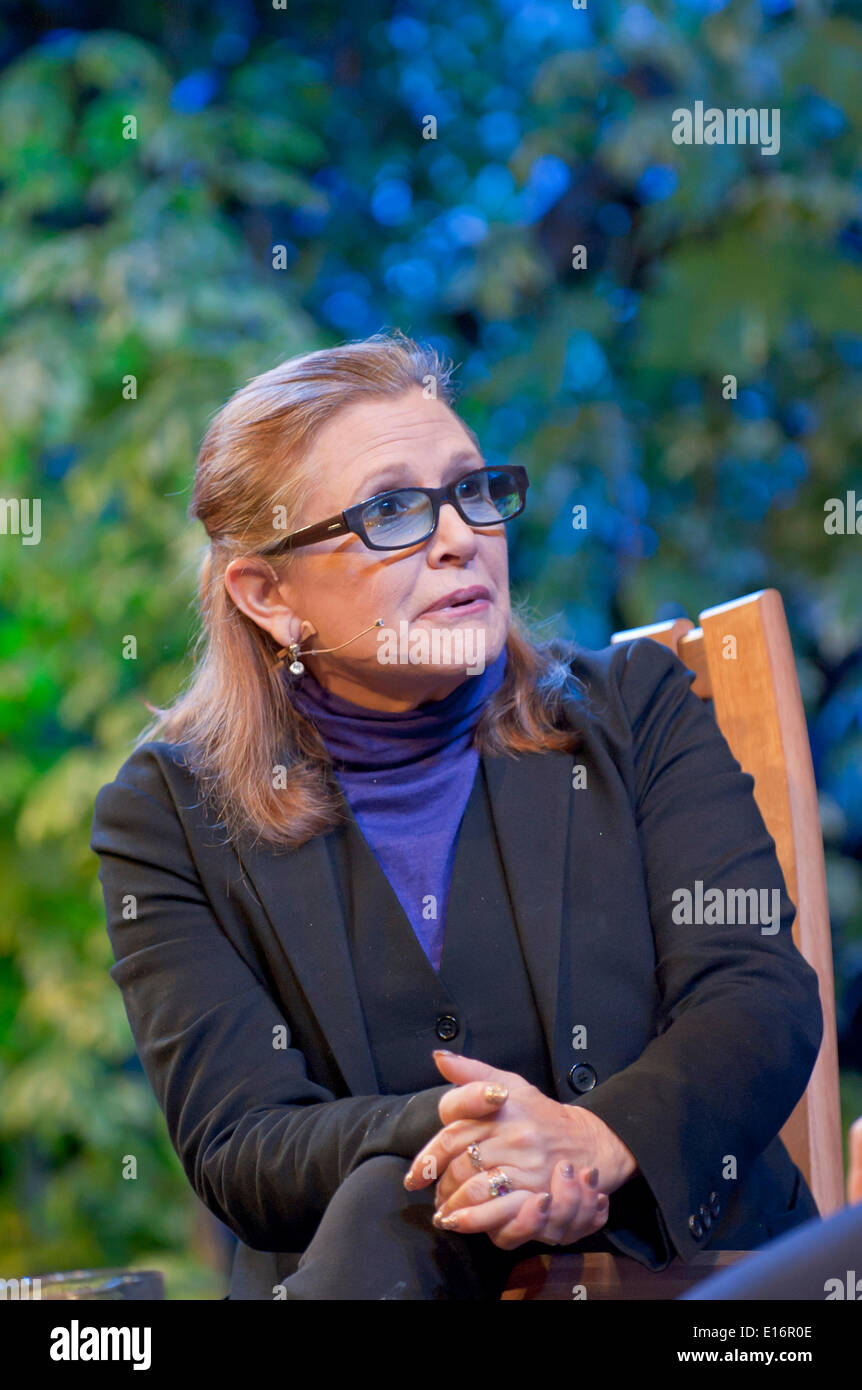 Hay-on-Wye, Powys, UK. 24th May 2014. American actress, novelist, screenwriter and performance artist Carrie Fisher talks to William Sieghart at The Hay Festival. The Hay Festival of Literature and Arts celebrates its 27th year in Wales. Credit:  Graham M. Lawrence/Alamy Live News. Stock Photo