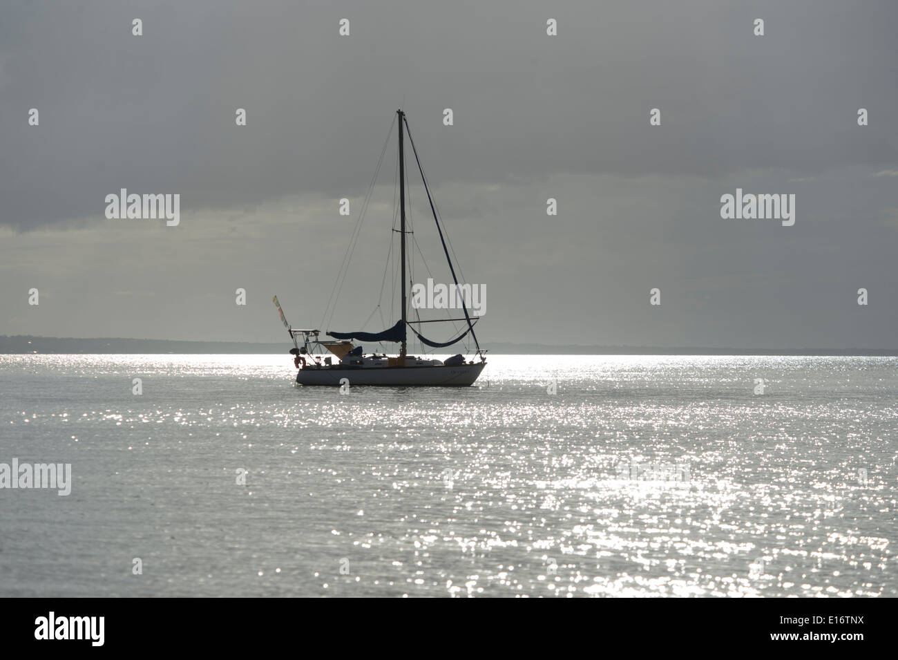 Sailing Boat at Sunset, Fraser Island, Queensland, QLD,  Australia Stock Photo