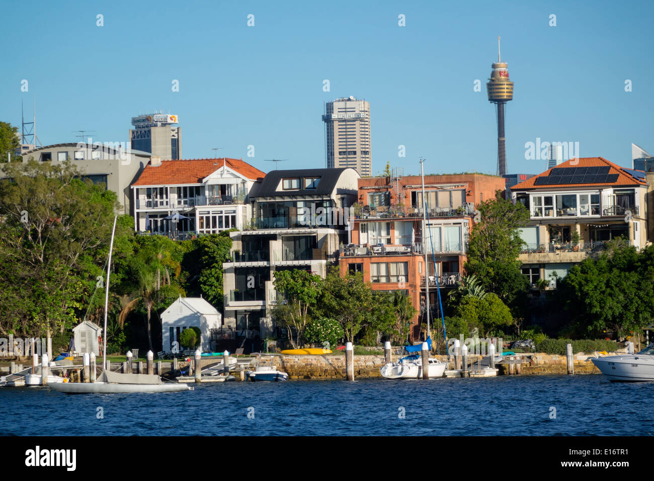 Sydney Australia,New South Wales,Harbour,harbor,water,waterfront,homes,houses,Birchgrove,Balmain,CBD Central Business,District,Tower,skyscrapers,city Stock Photo