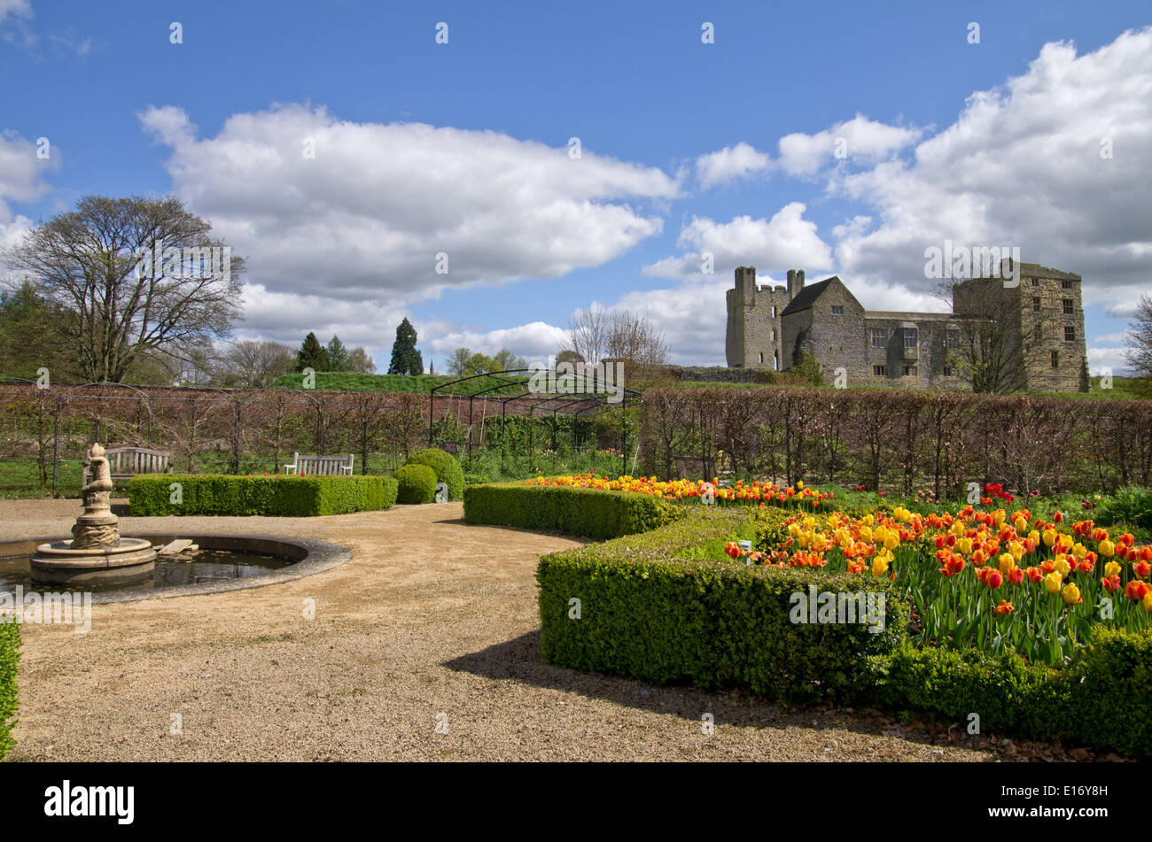 Helmsley Walled Garden with Helmsley castle in the background Stock Photo