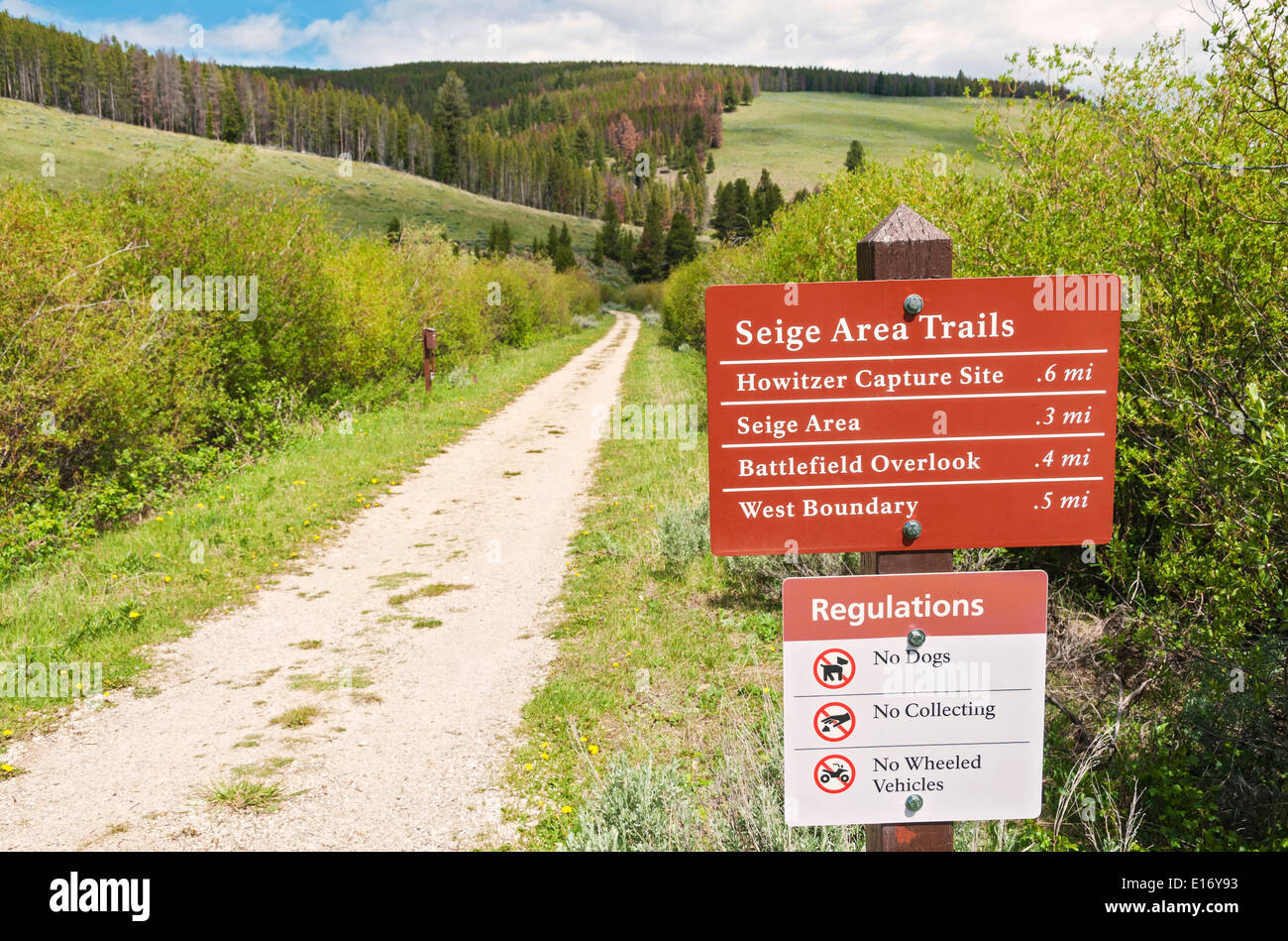 Montana, Big Hole National Battlefield, famous 1877 battle between Nez Perce Indians and U.S. Troops, siege area trail sign Stock Photo