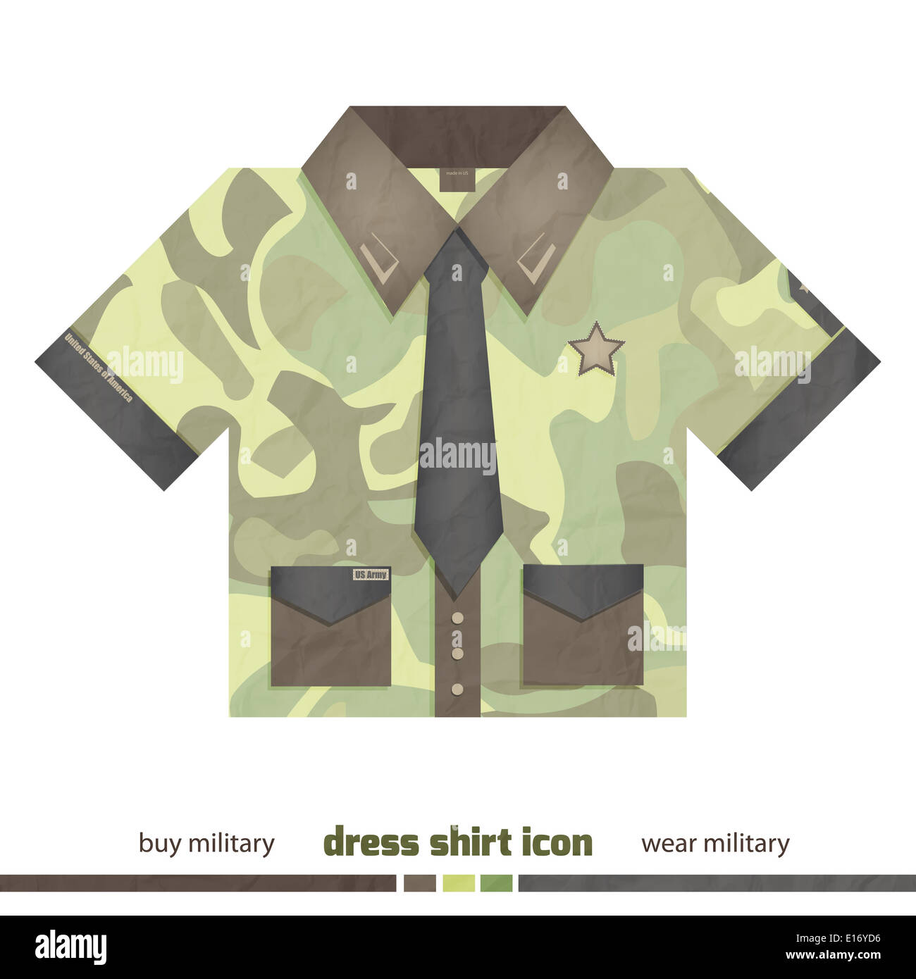 new military dress shirt icon with pockets, tie and army symbols