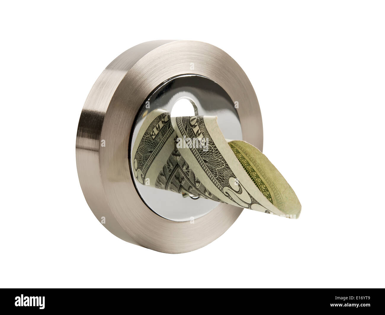 round keyhole and dollar banknote isolated on white background Stock Photo