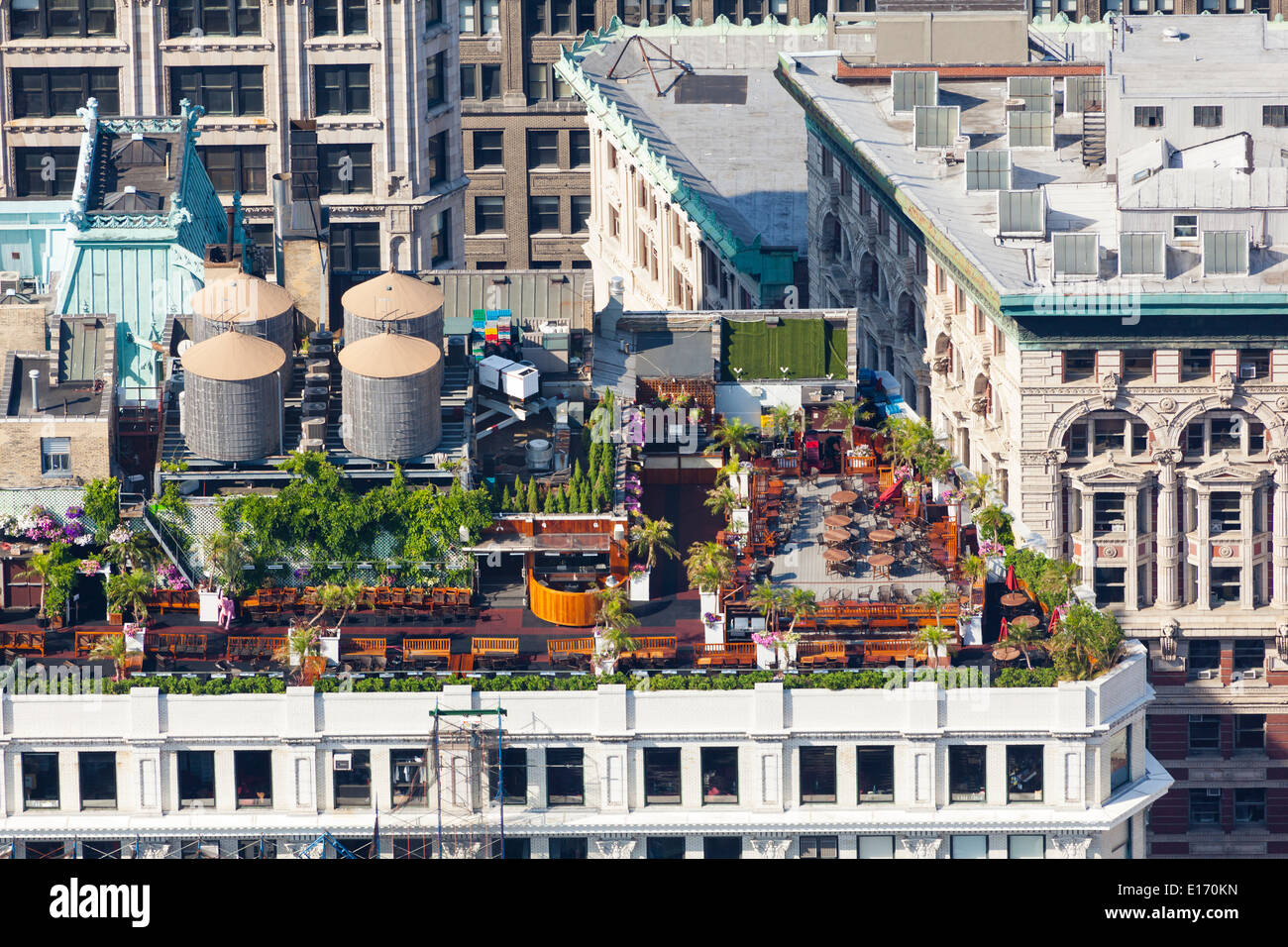 High angle view to lots of gardening on an apartment building roof in Manhattan Stock Photo