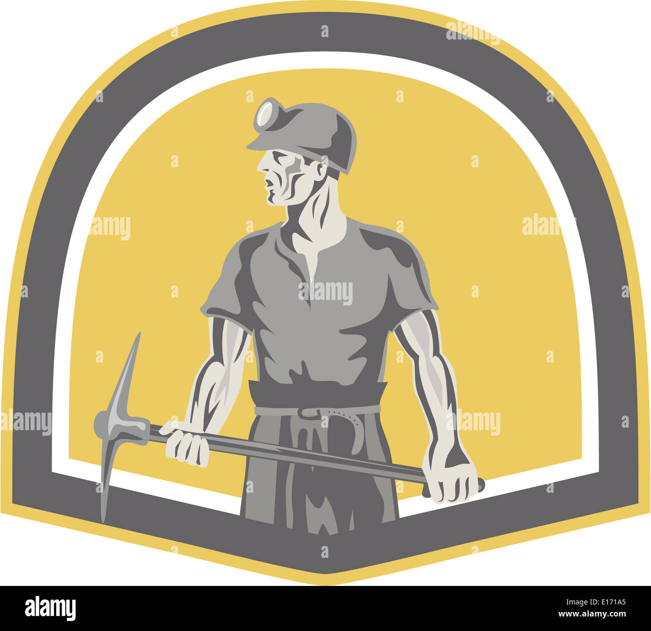Illustration of a coal miner wearing hardhat looking to the side holding a pick axe set inside shield crest done in retro style. Stock Photo