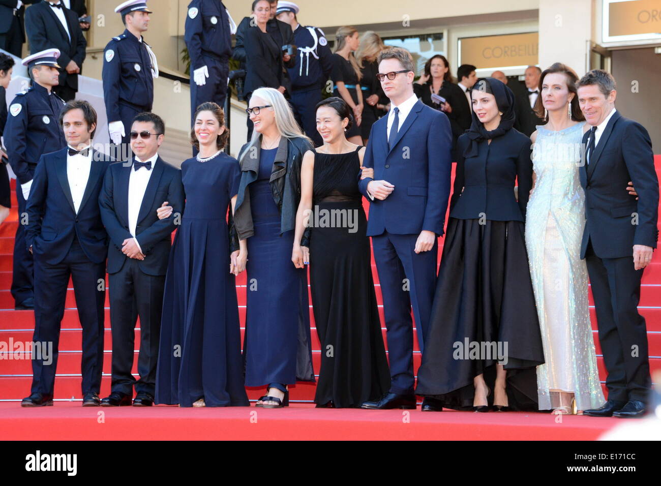 Cannes, France. 24th May, 2014. CANNES, FRANCE - MAY 24: Chinese director Jia Zhangke, US director Sofia Coppola, President of the Feature films Jury Jane Campion, South Korean actress Jeon Do-yeon, Danish director Nicolas Winding Refn, Iranian actress Leila Hatami, French actress Carole Bouquet and US actor Willem Dafoe attends the Closing Ceremony and 'A Fistful of Dollars' Screening during the 67th Annual Cannes Film Festival on May 24, 2014 in Cannes, France Credit:  Frederick Injimbert/ZUMAPRESS.com/Alamy Live News Stock Photo