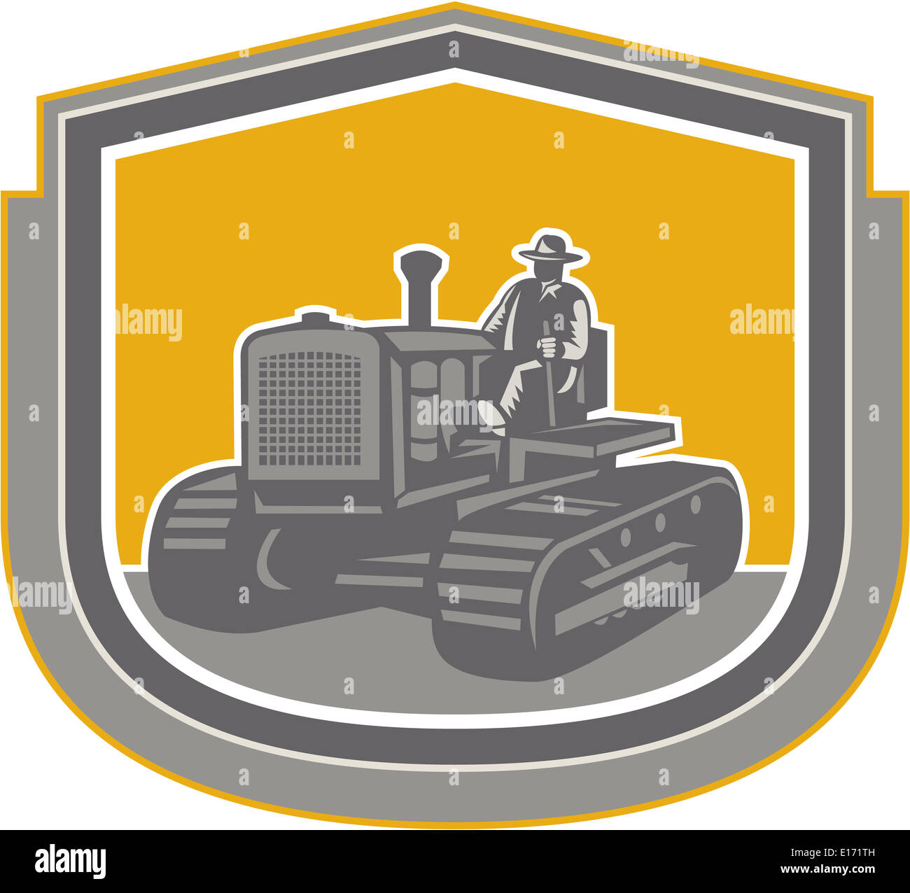 Illlustration of a farmer worker driving riding a vintage tractor ...