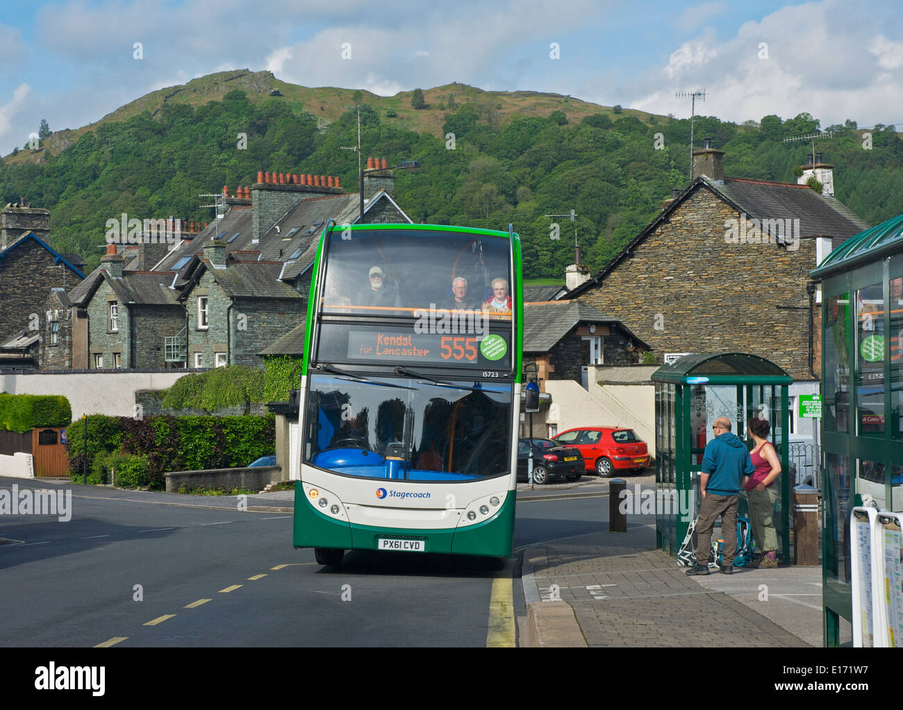 Double decker bus stopped in Kelsick Road, Ambleside, Lake District