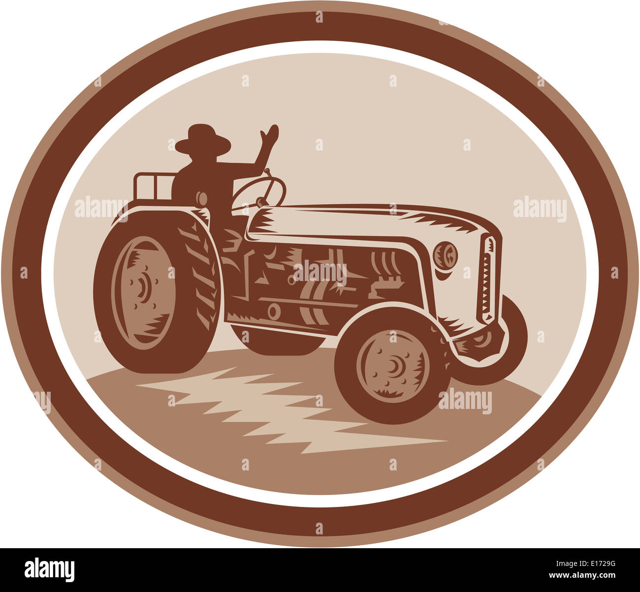 Illustration of a vintage tractor with driver waving set inside a circle done in retro style. Stock Photo