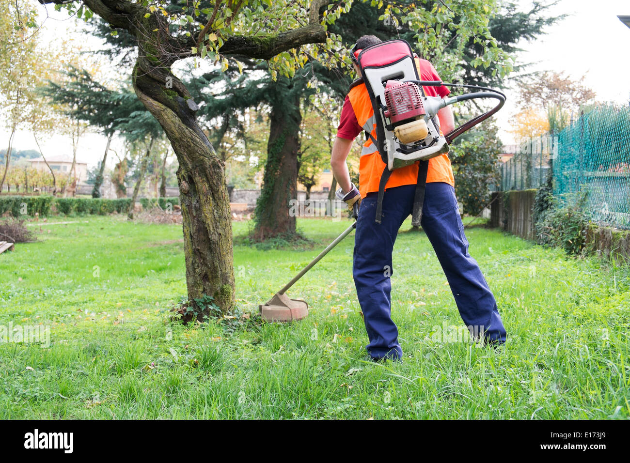 Maintenance of the garden with grass trimmer Stock Photo