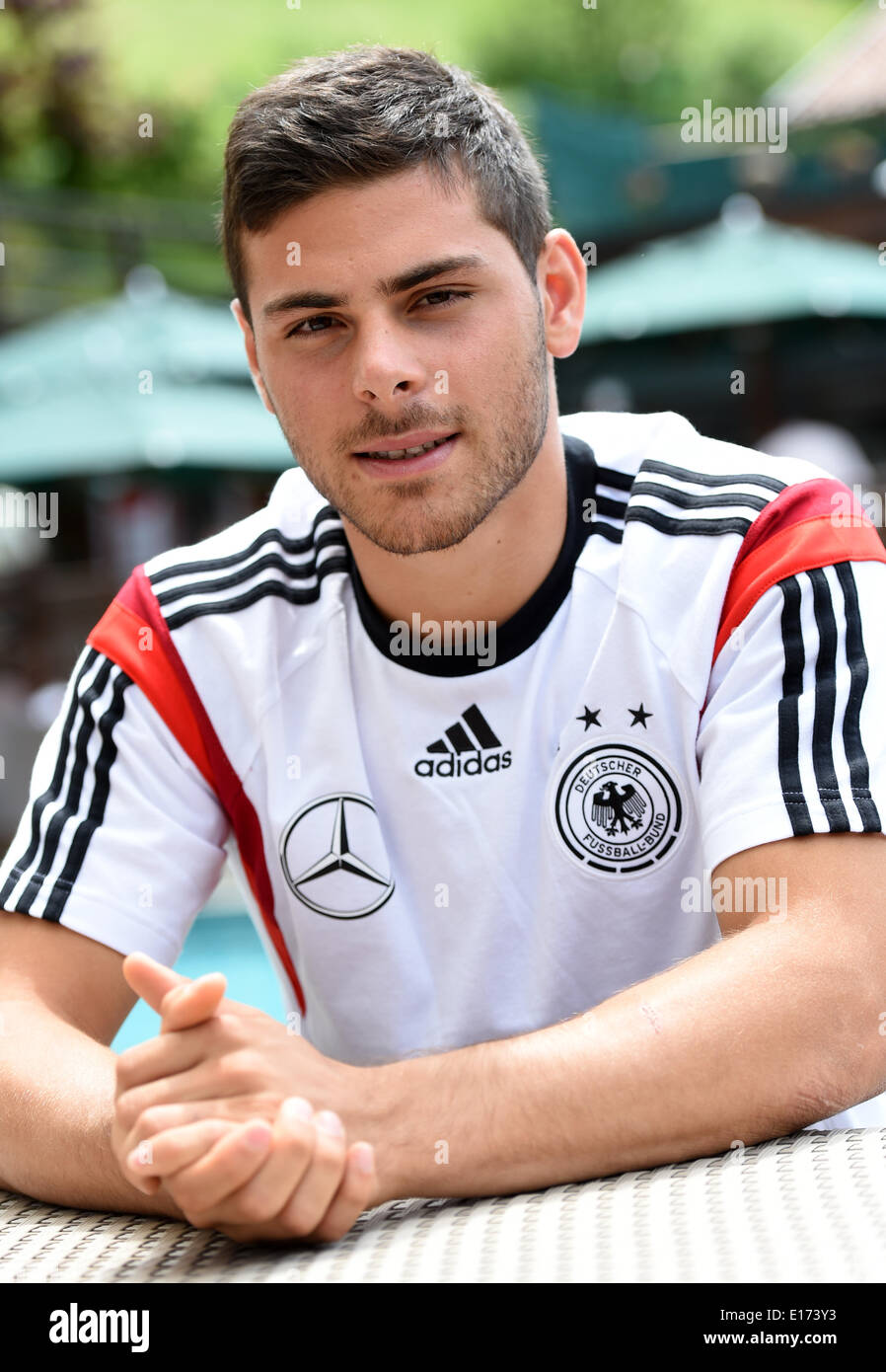 Passeier, Italy. 25th May, 2014. Kevin Volland looks into the camera inbetween interviews at the "media day" of the German national soccer team at the team hotel in St. Leonhard in Passeier, Italy, 25 May 2014. Germany's squad prepares for the upcoming FIFA World Cup 2014 in Brazil at a training camp in South Tyrol until 30 May 2014. Photo: Andreas Gebert/dpa/Alamy Live News Stock Photo