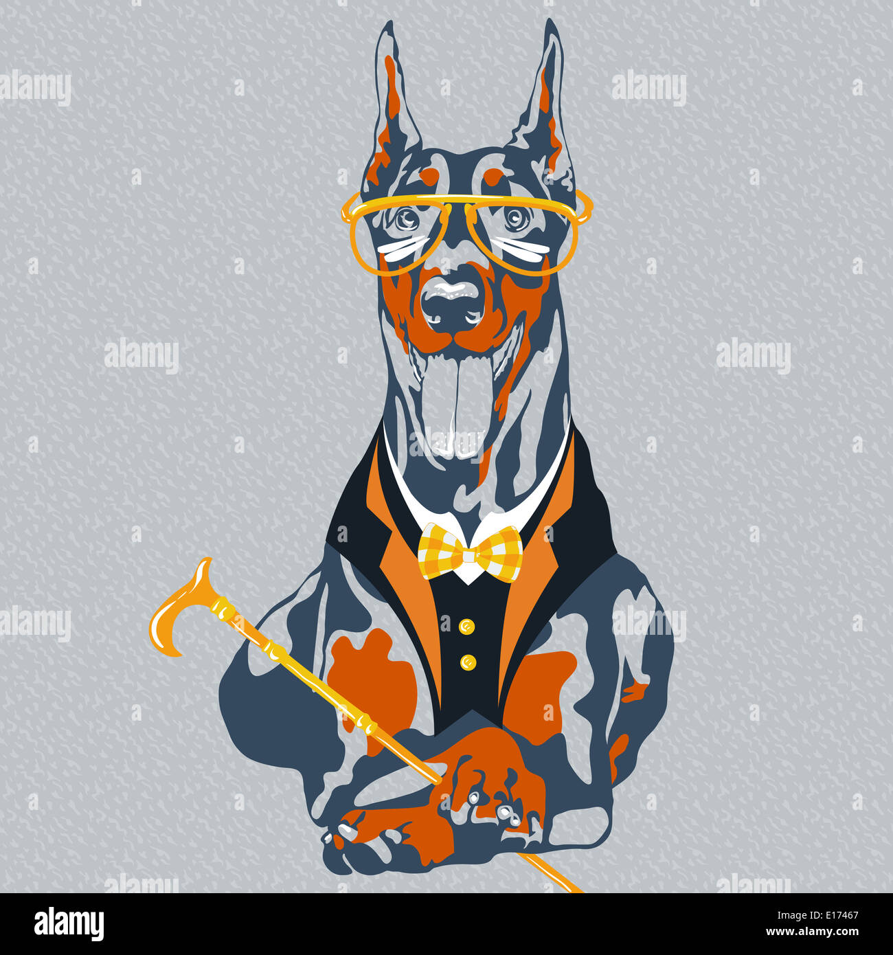 hipster dog Doberman Pinscher breed in glasses and a suit with a bowtie and  a cane Stock Photo - Alamy