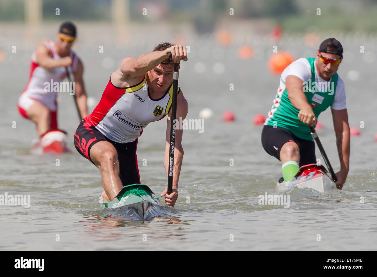 Szeged, Hungary. 25th May, 2014. Gold medalist Sebastian Brendel (front L) of Germany competes in C1 men's 5000m final at the 2014 ICF Canoe Sprint and Paracanoe World Cup in Szeged, Hungary, on May 25, 2014. He won gold with a time of 23 minutes 14.260 seconds. Credit:  Attila Volgyi/Xinhua/Alamy Live News Stock Photo