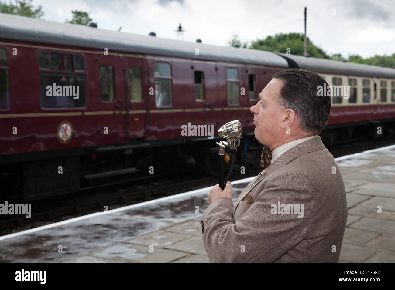 Announcer; WWII train at Ramsbottom, Lancashire, UK. 25th May, 2014. Mr ...