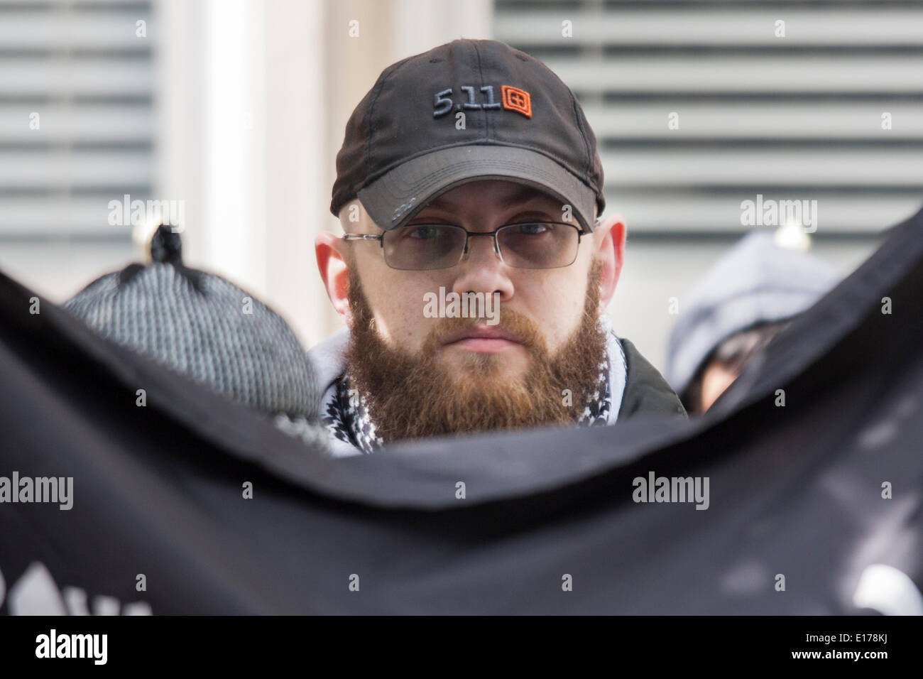London, UK. May 25th 2014. Radical Islamists protest at the Lebanese embassy in London against the arrest in Lebanon earlier in the day of fundamentalist scholar Sheikh Omar Bakri Muhammad. Credit:  Paul Davey/Alamy Live News Stock Photo