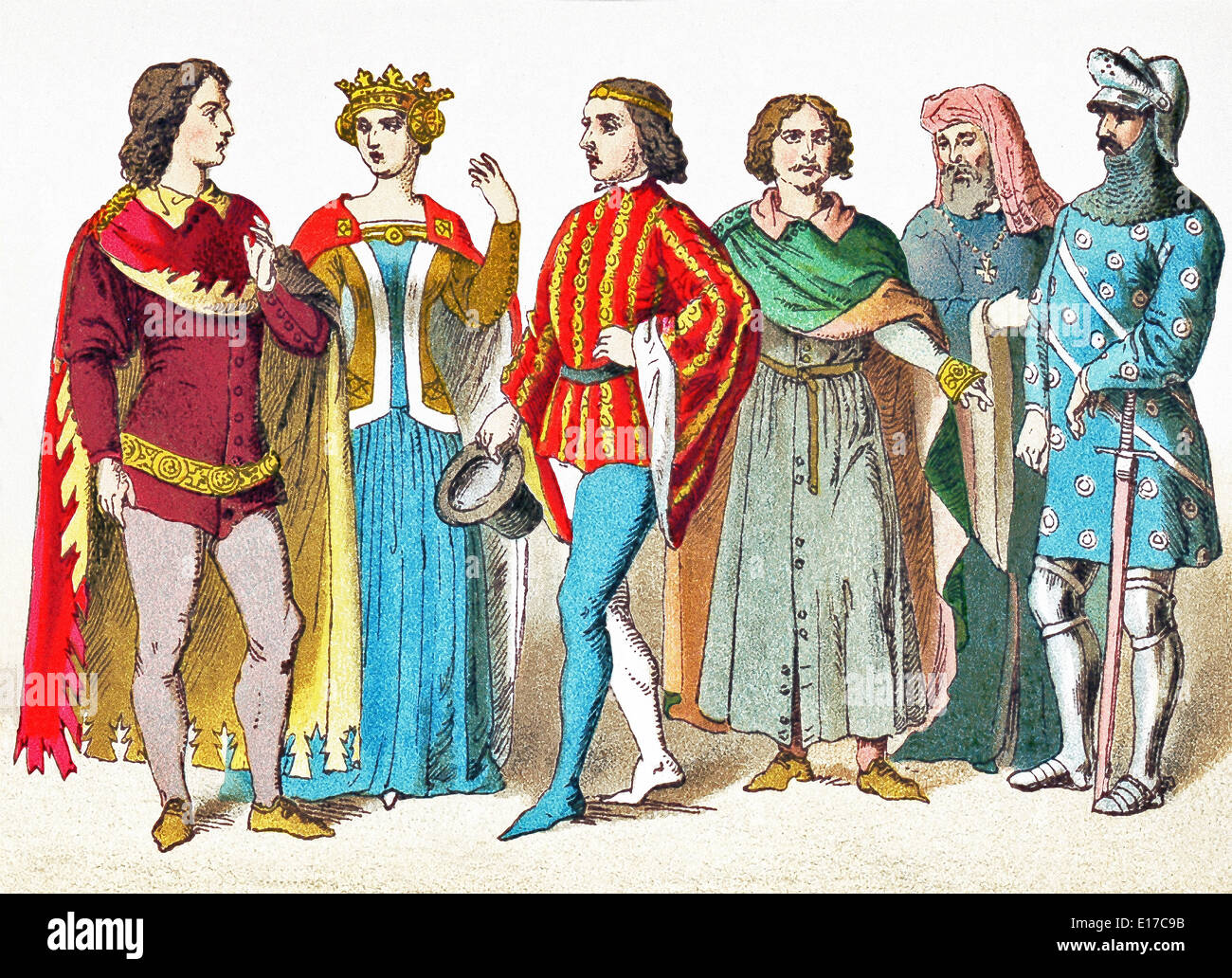 Represented here are: two people belonging to the court; a man of rank in 1377; a citizen; a lord in 1392; and a knight Stock Photo