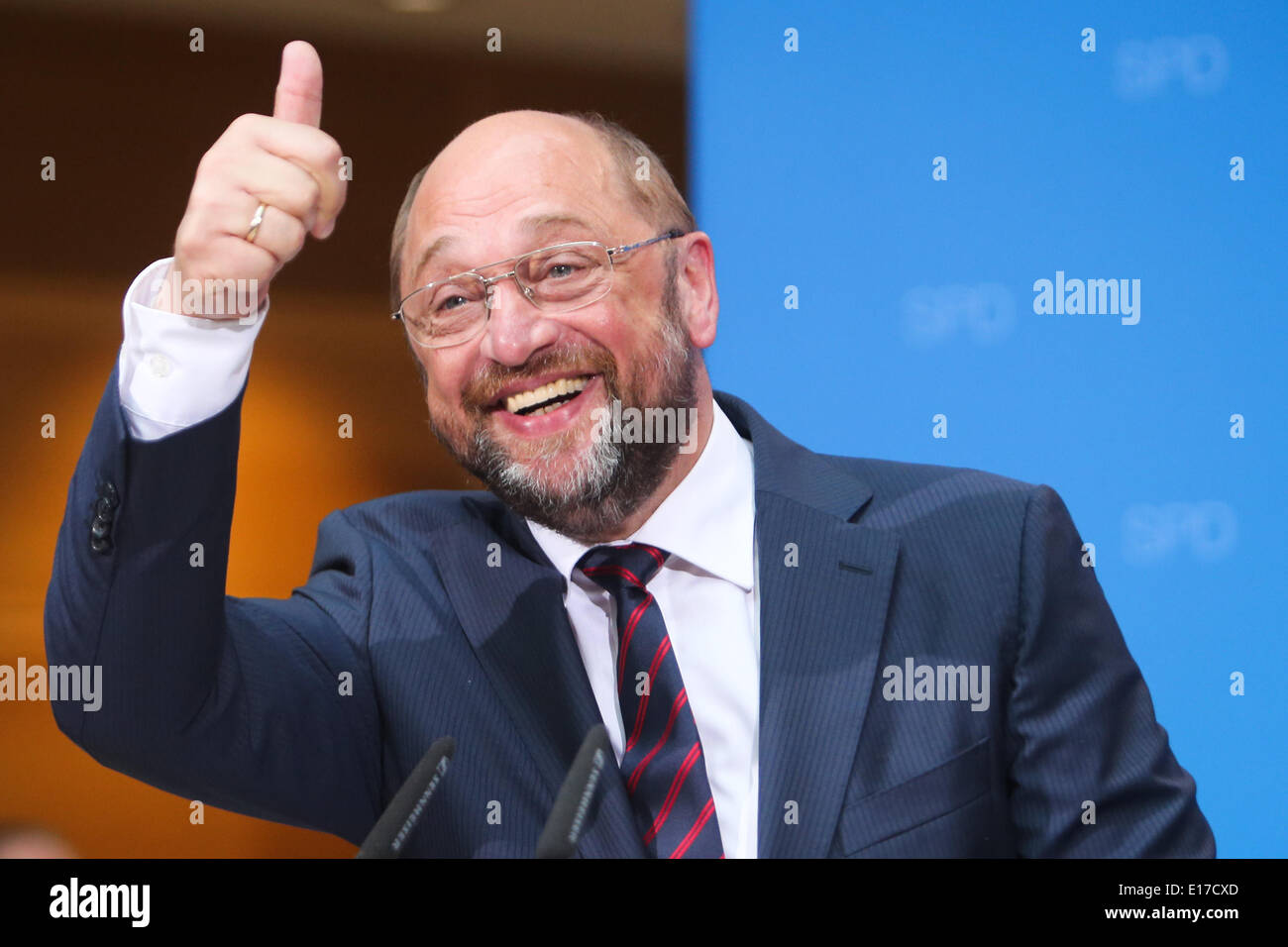 Berlin, Germany. 25th May, 2014. Incumbent President of the European Parliament (EP) and Party of European Socialists' (PES) candidate for the EP elections Martin Schulz gestures during a press conference after exit polls of Germany's EP election were announced at the German Social Democrat's (SPD) headquarters in Berlin, Germany, on May 25, 2014. Martin Schulz, top candidate of European socialists, showed confidence in his bid for the post of European Commission (EC) president after Germany's election to the EP ended on Sunday. Credit:  Xinhua/Alamy Live News Stock Photo