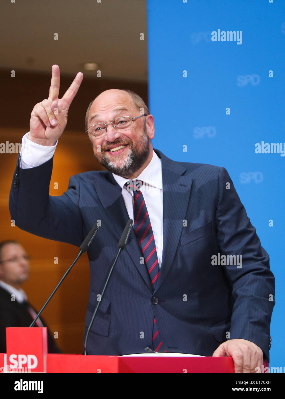 Berlin, Germany. 25th May, 2014. Incumbent President of the European Parliament (EP) and Party of European Socialists' (PES) candidate for the EP elections Martin Schulz gestures during a press conference after exit polls of Germany's EP election were announced at the German Social Democrat's (SPD) headquarters in Berlin, Germany, on May 25, 2014. Martin Schulz, top candidate of European socialists, showed confidence in his bid for the post of European Commission (EC) president after Germany's election to the EP ended on Sunday. Credit:  Xinhua/Alamy Live News Stock Photo