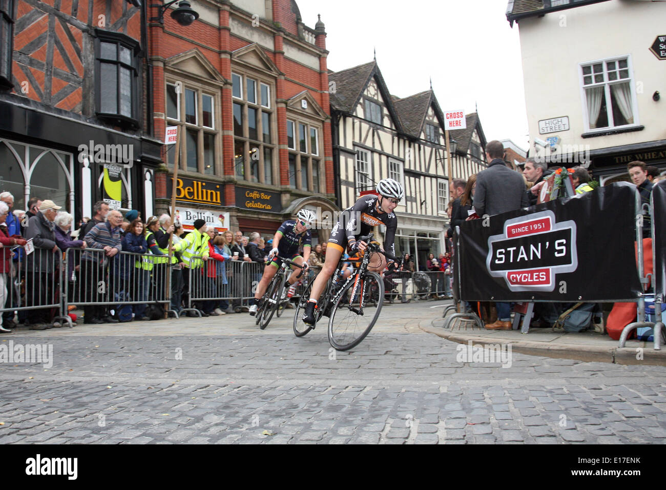 Twenty years ago, Shrewsbury hosted a cycle race that took place around its picturesque town centre. On Sunday May 25th, 2014, the Shrewsbury Cycle Grand Prix returned and featured four events - the fun ride, women’s only, amateur and elite race. The course consisted of smooth tarmac, tight and technical turns and even cobbles and has the full backing of British Cycling. This image shows Joanna Rowsell MBE, who won Olympic gold in the team pursuit in London 2012 as she leads the womens-only race, the eventual winner being Brit Tate. Stock Photo