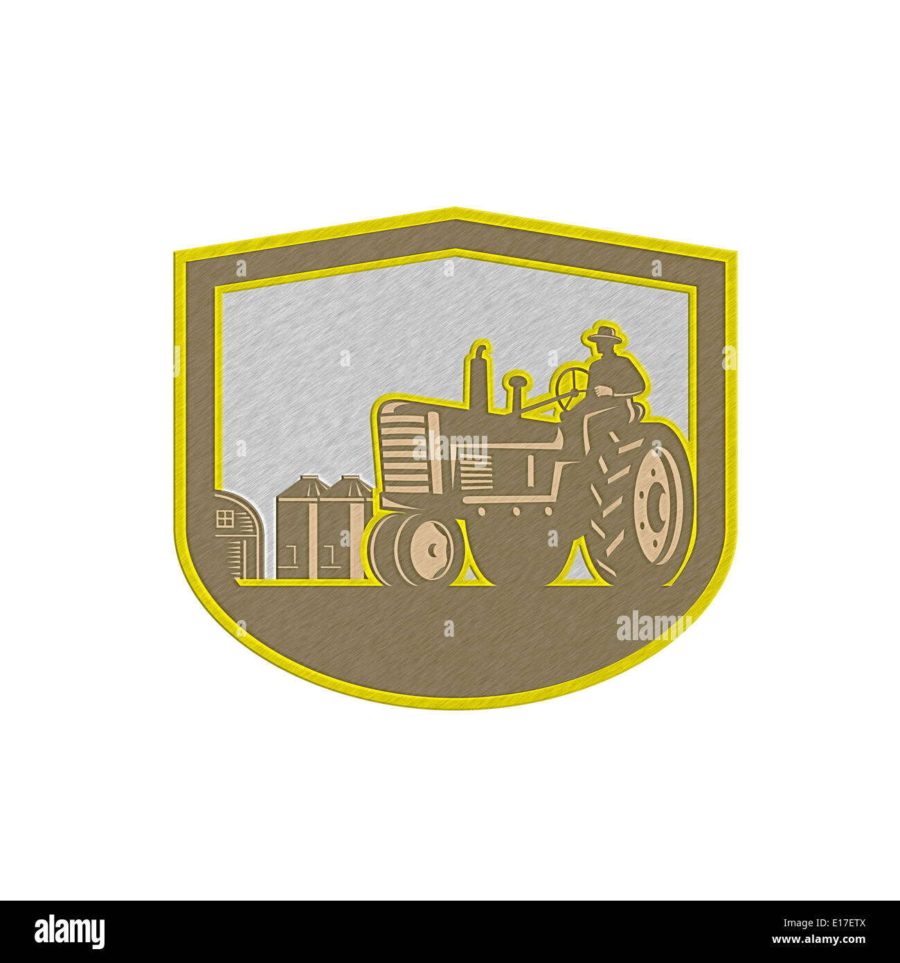 Metallic styled illlustration of a farmer worker driving a vintage ...