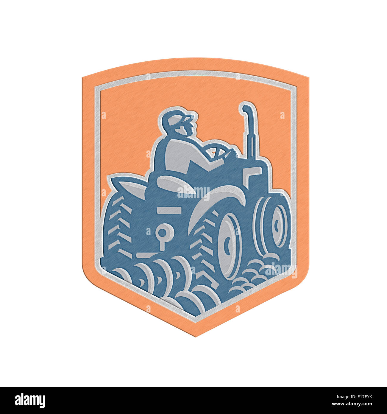 Metallic styled illlustration of a farmer worker driving a vintage ...