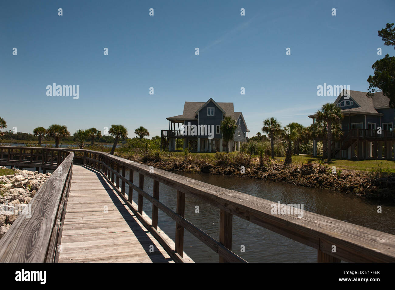 Houses sitting on Stilts pilings in Crystal River, Florida Stock Photo