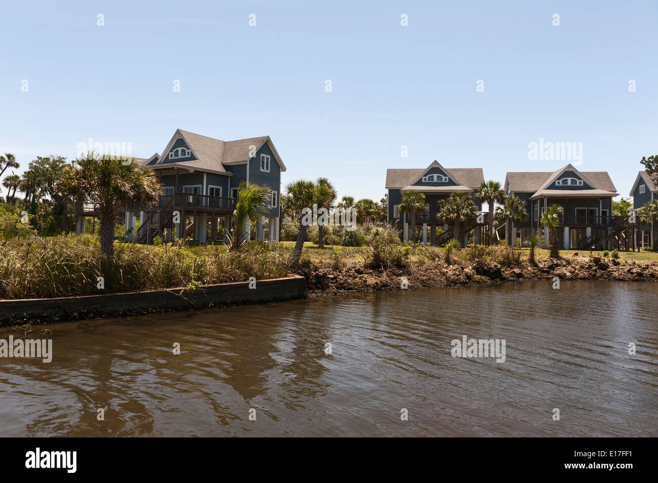Houses sitting on Stilts pilings in Crystal River, Florida Stock Photo