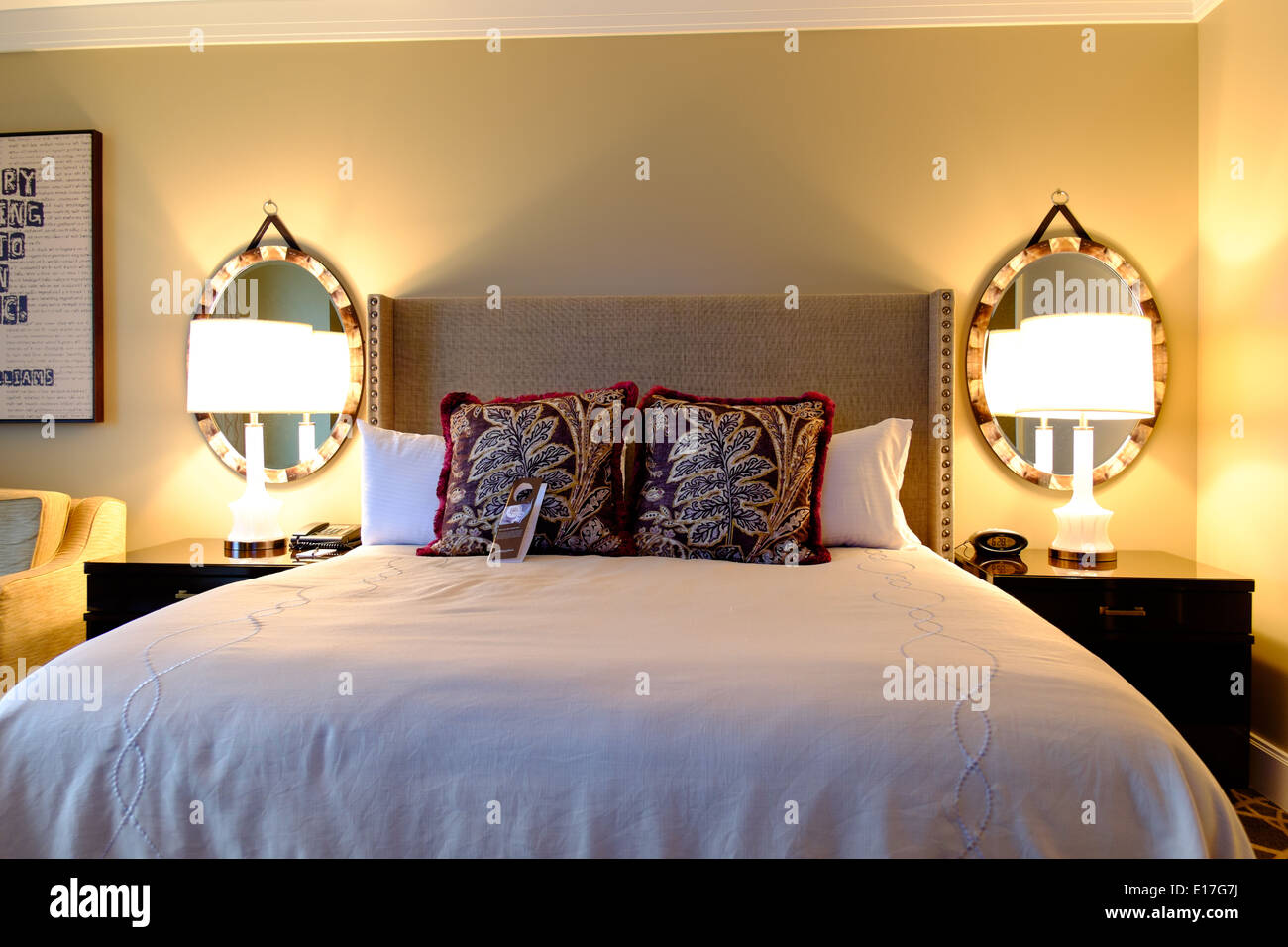 A king sized bed in a hotel room at the Omni Hotel in Nashville