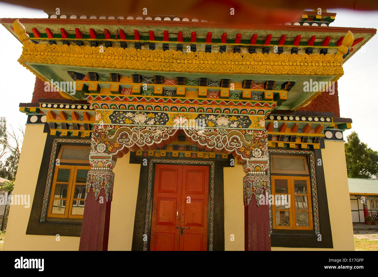 Art in Buddhist Monastery architecture in Sikkim, India - hand crafted and painted entrance Stock Photo