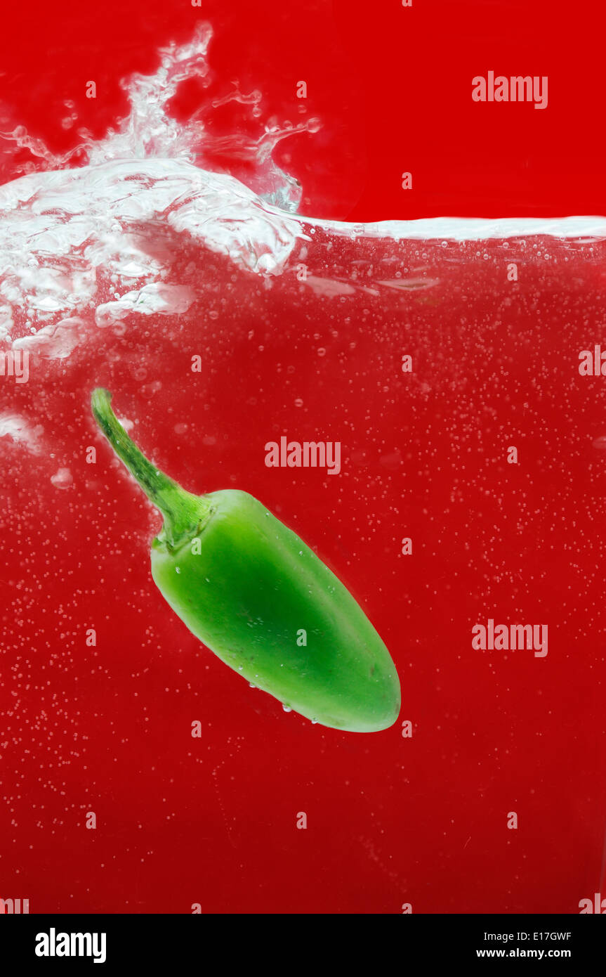 Splashing chile with bubbles Stock Photo