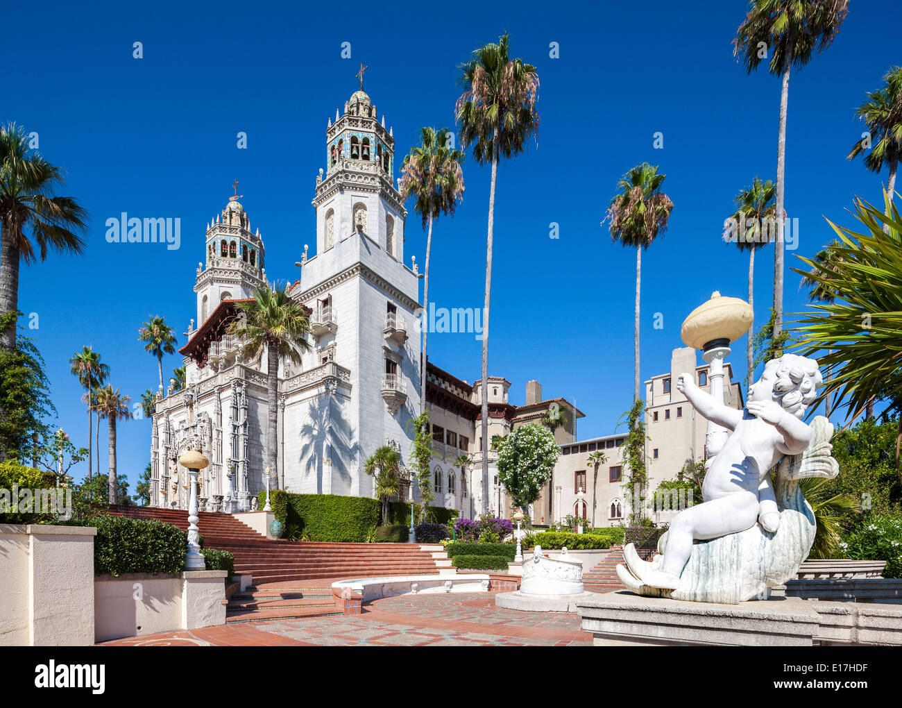 Hearst Castle exterior. Front of the Casa Grande from terrace with sculpture. San Simeon, California. Stock Photo